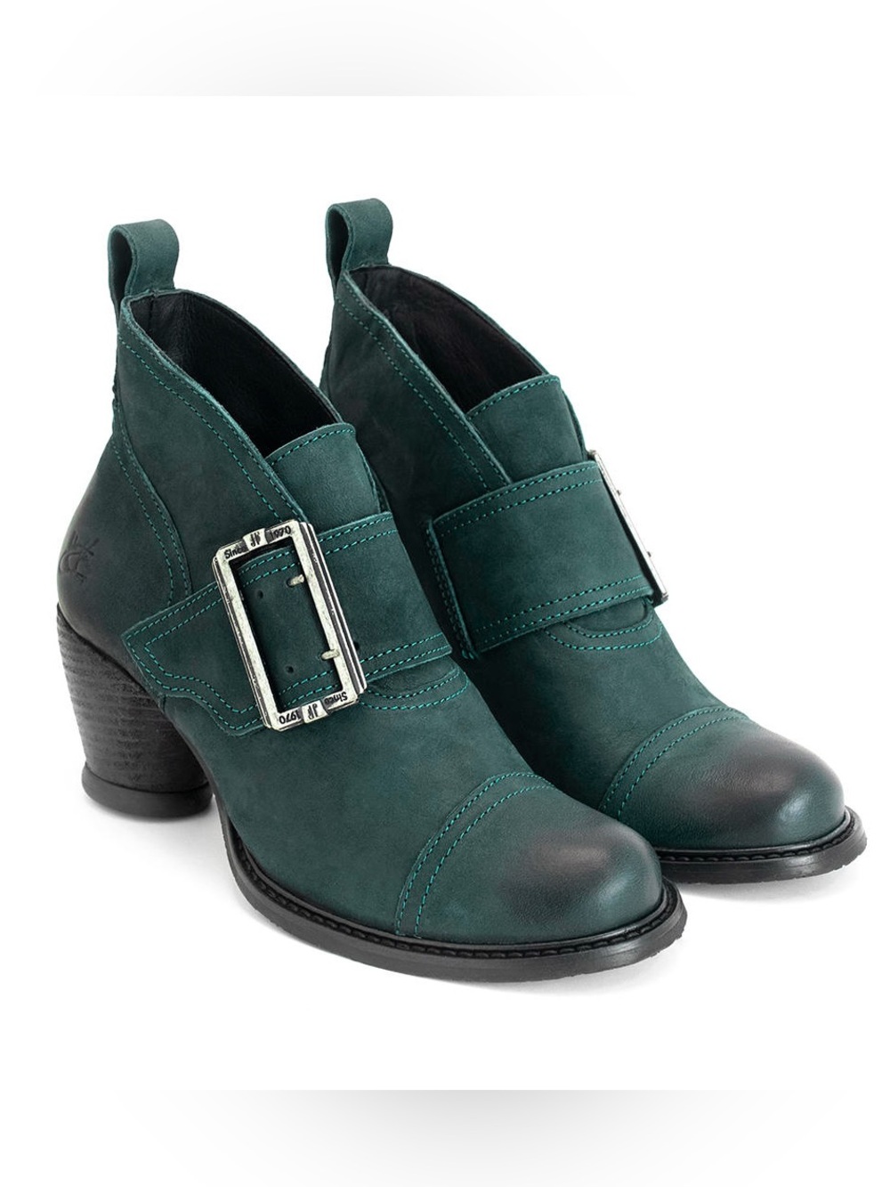 NIB John FLUEVOG Women’s 7 EAST END PORTER Peacock Leather Buckled Ankle Booties